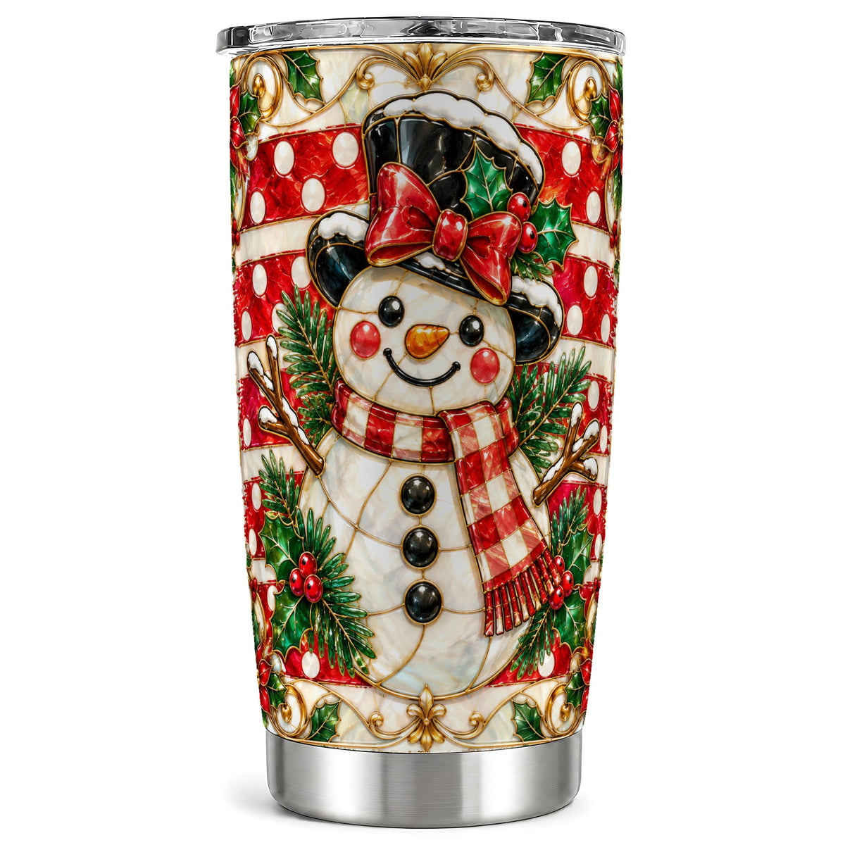 Ornate Snowman Tumbler 20oz, Poinsettia Tumbler, Stainless Steel Travel Cup