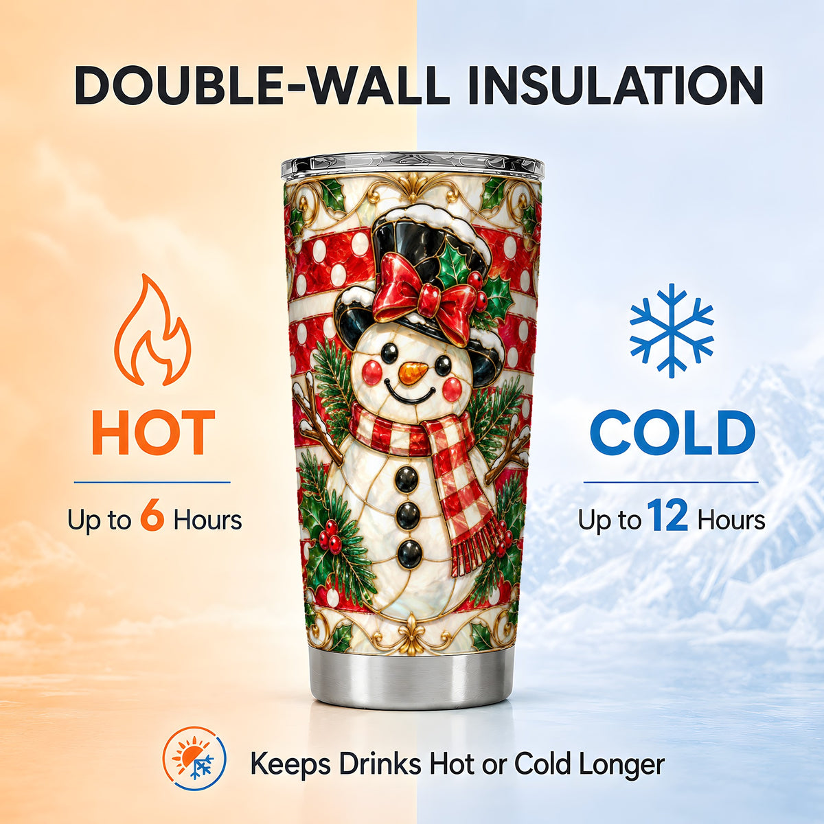 Ornate Snowman Tumbler 20oz, Poinsettia Tumbler, Stainless Steel Travel Cup