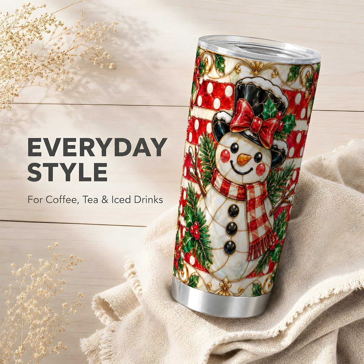 Ornate Snowman Tumbler 20oz, Poinsettia Tumbler, Stainless Steel Travel Cup