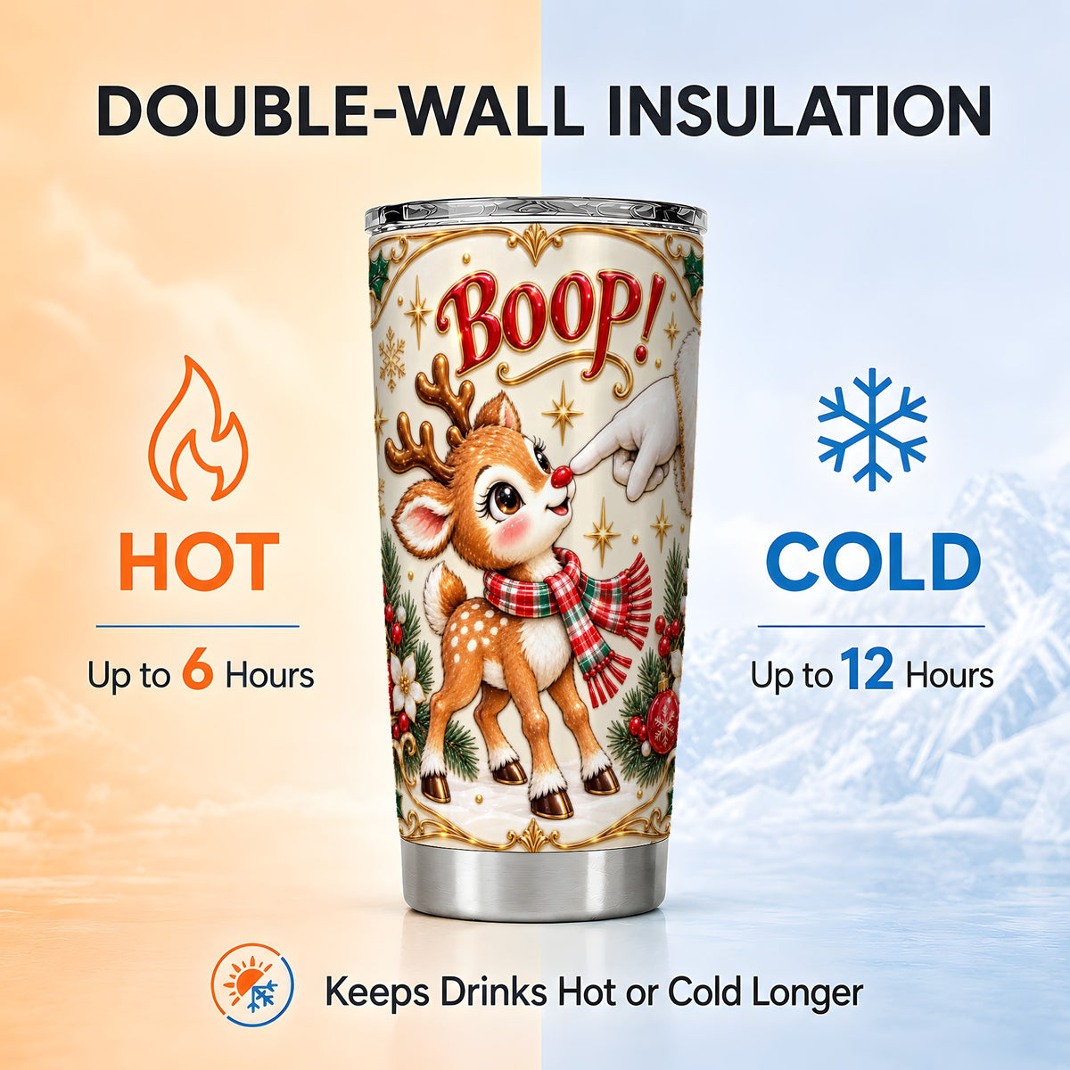Cute Reindeer Tumbler 20oz, Christmas Tumbler, Stainless Steel Travel Cup