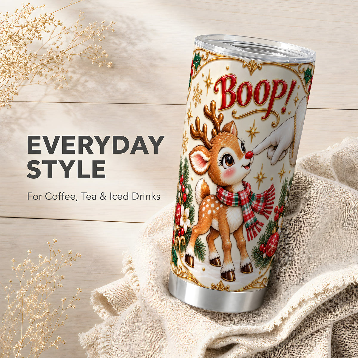 Cute Reindeer Tumbler 20oz, Christmas Tumbler, Stainless Steel Travel Cup