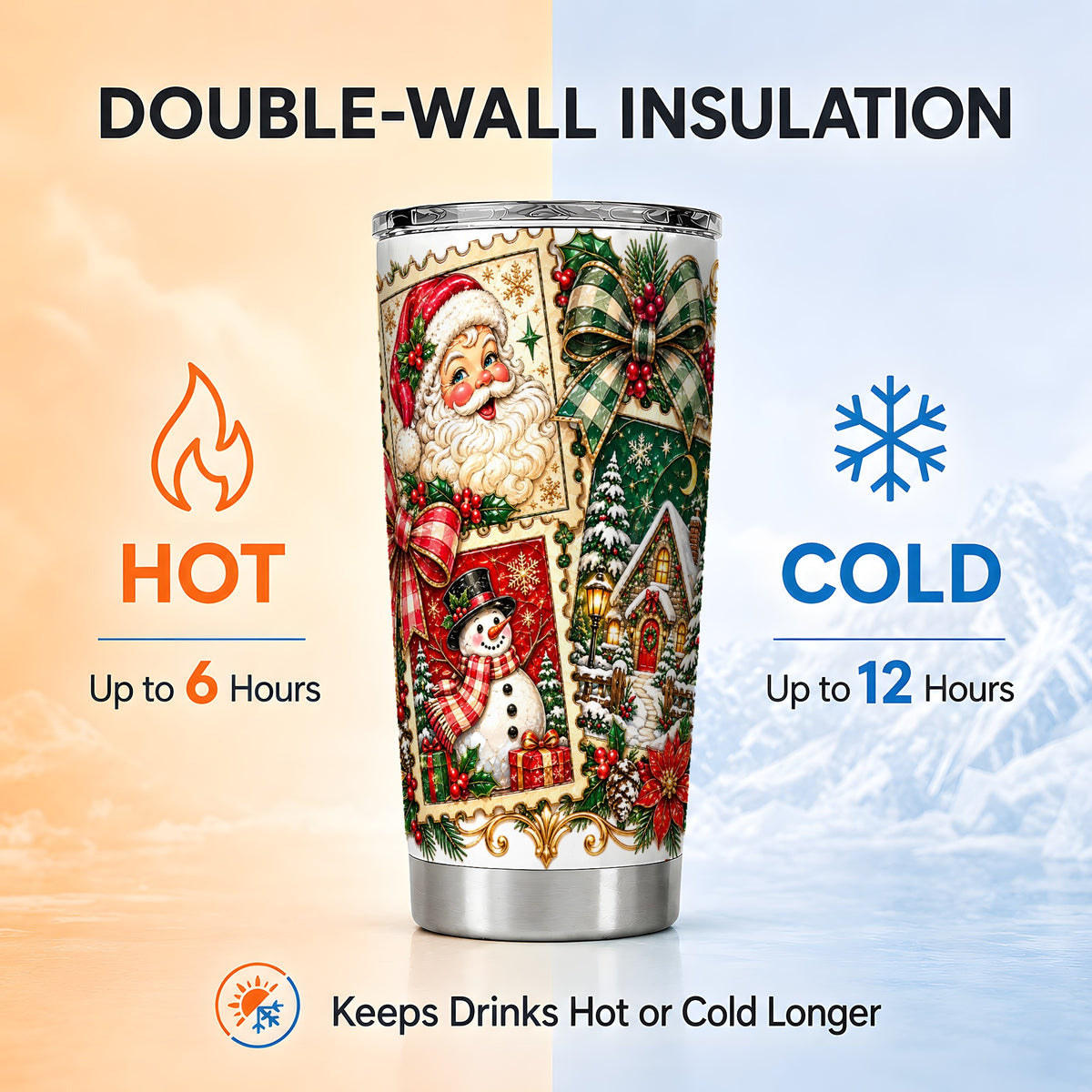 Santa Snowman Tumbler 20oz, Christmas Tumbler, Stainless Steel Travel Cup