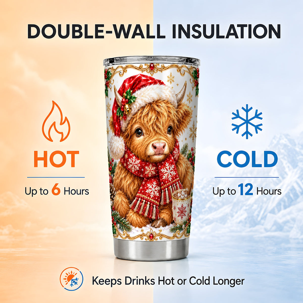Christmas Cow Tumbler 20oz, Highland Tumbler, Stainless Steel Travel Cup