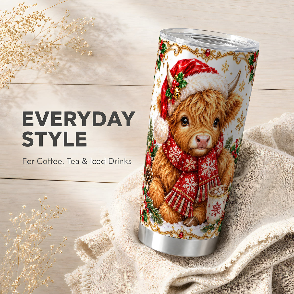 Christmas Cow Tumbler 20oz, Highland Tumbler, Stainless Steel Travel Cup