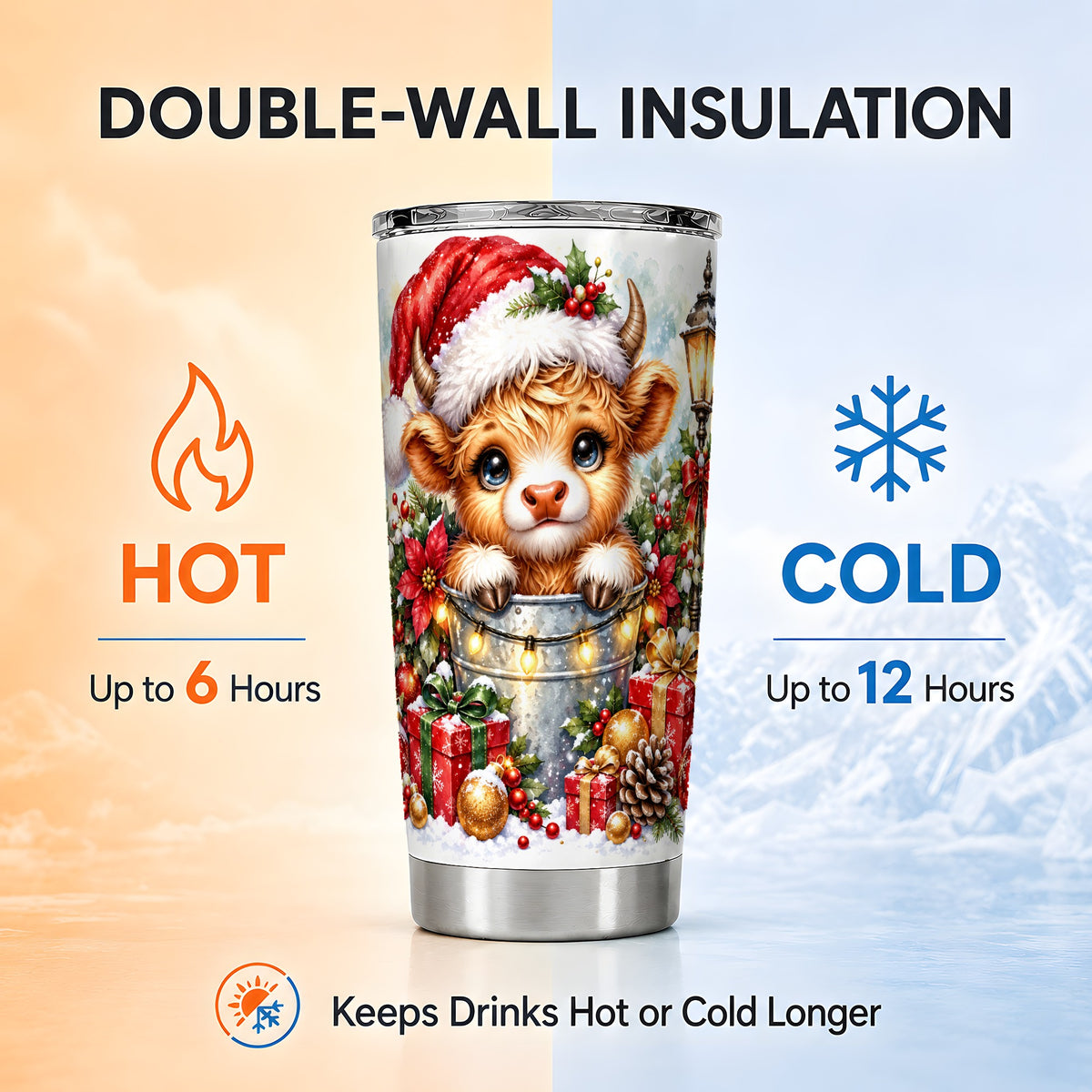 Christmas Cow Tumbler 20oz, Winter Tumbler, Stainless Steel Travel Cup