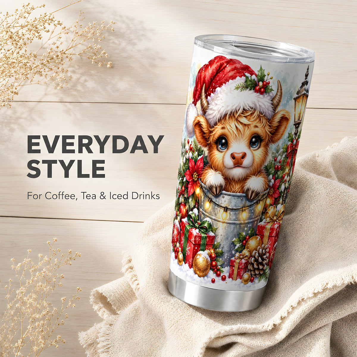 Christmas Cow Tumbler 20oz, Winter Tumbler, Stainless Steel Travel Cup