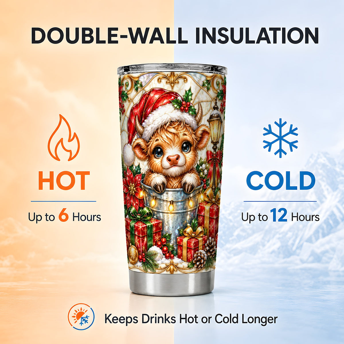 Christmas Cow Tumbler 20oz, Ornate Tumbler, Stainless Steel Travel Cup
