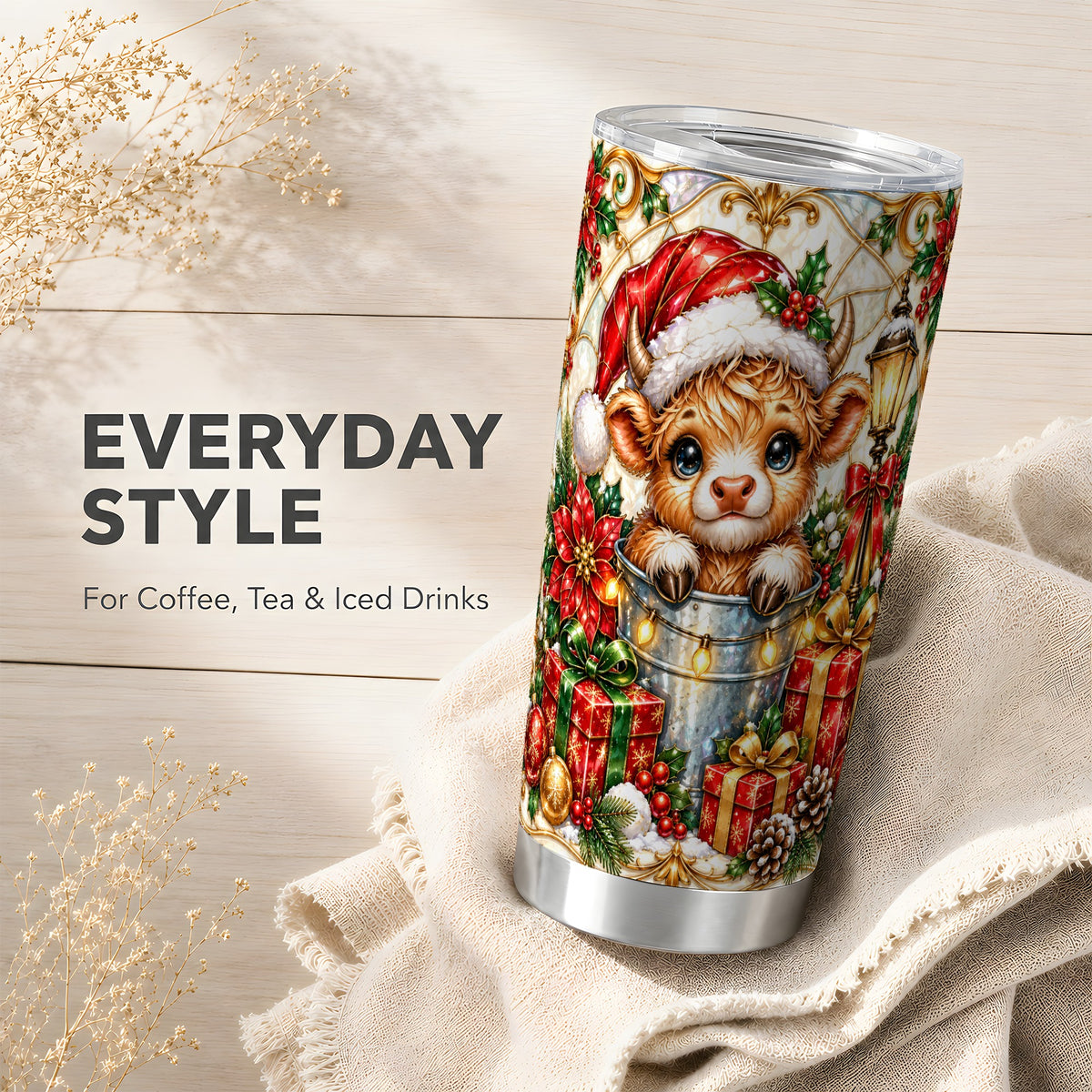 Christmas Cow Tumbler 20oz, Ornate Tumbler, Stainless Steel Travel Cup
