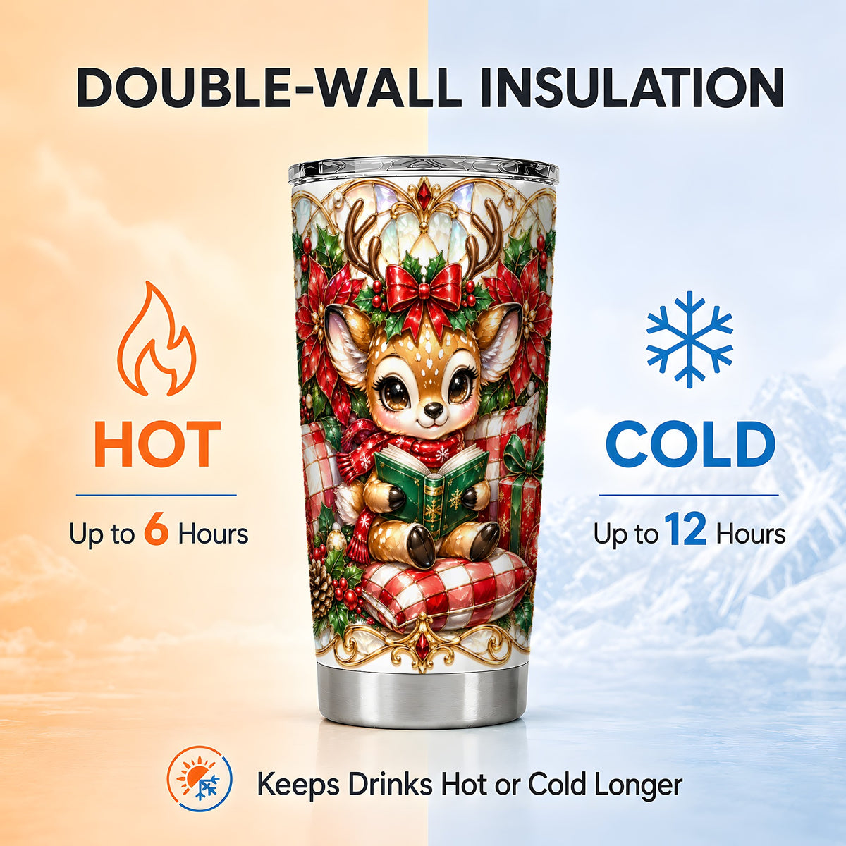 Christmas Reindeer Tumbler 20oz, Cute Deer Stainless Steel Travel Cup