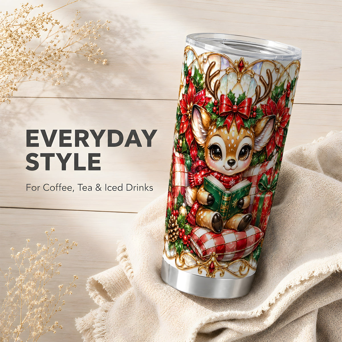 Christmas Reindeer Tumbler 20oz, Cute Deer Stainless Steel Travel Cup