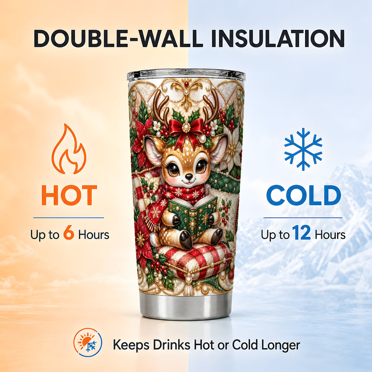 Christmas Reading Reindeer Tumbler 20oz, Deer Stainless Steel Travel Cup
