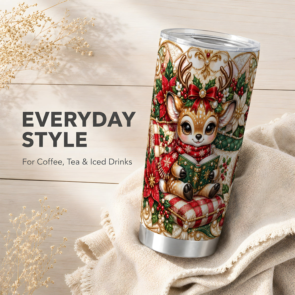 Christmas Reading Reindeer Tumbler 20oz, Deer Stainless Steel Travel Cup