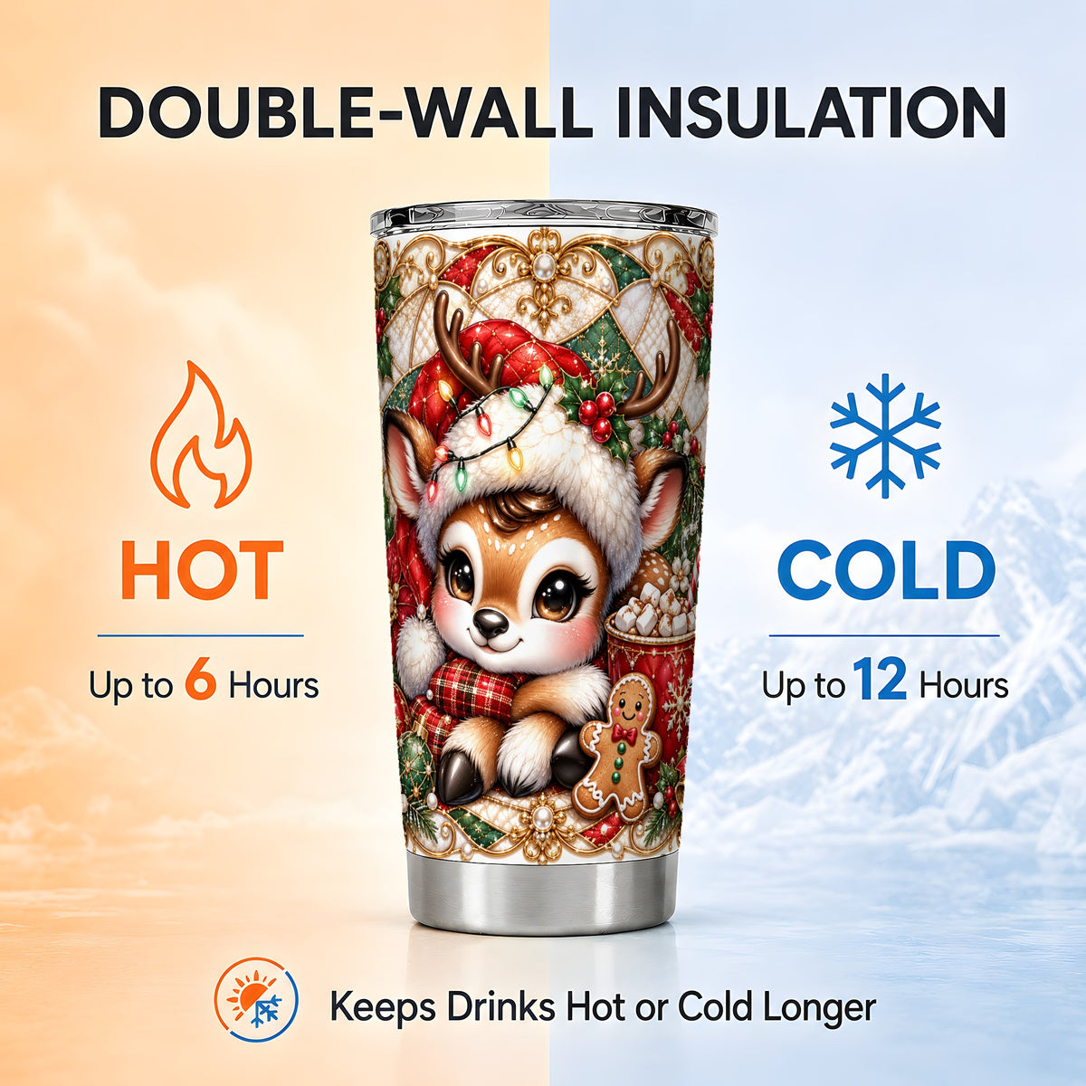 Christmas Reindeer Tumbler 20oz, Cocoa Deer Stainless Steel Travel Cup