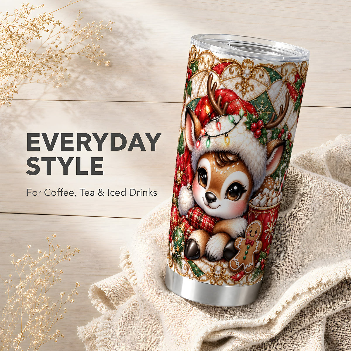 Christmas Reindeer Tumbler 20oz, Cocoa Deer Stainless Steel Travel Cup