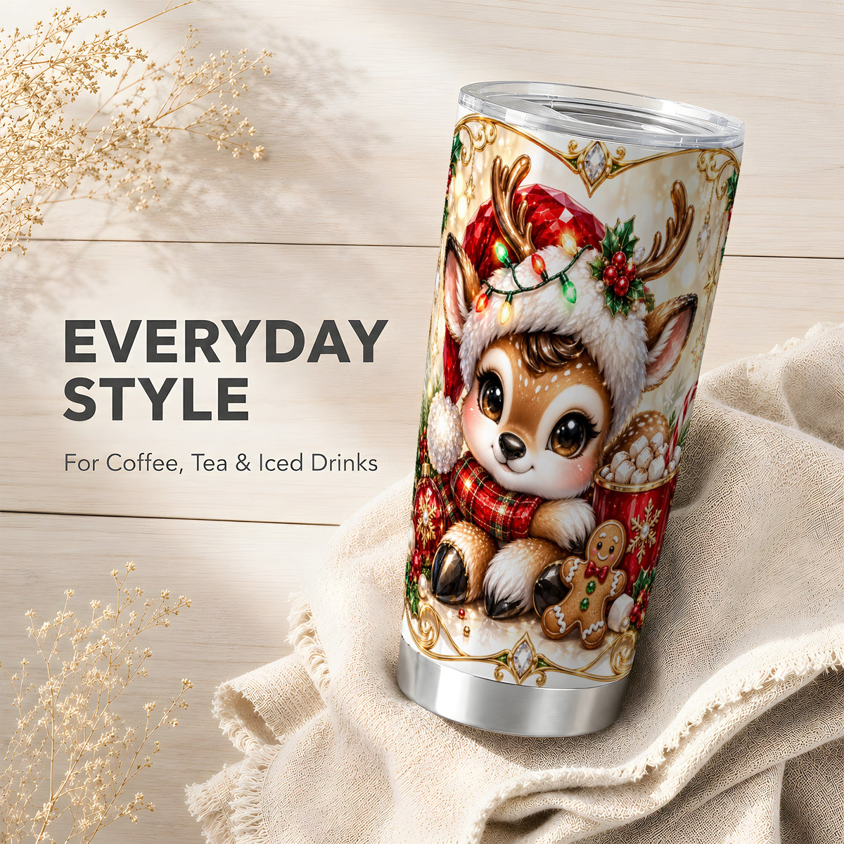 Christmas Reindeer Tumbler 20oz, Festive Deer Stainless Steel Travel Cup