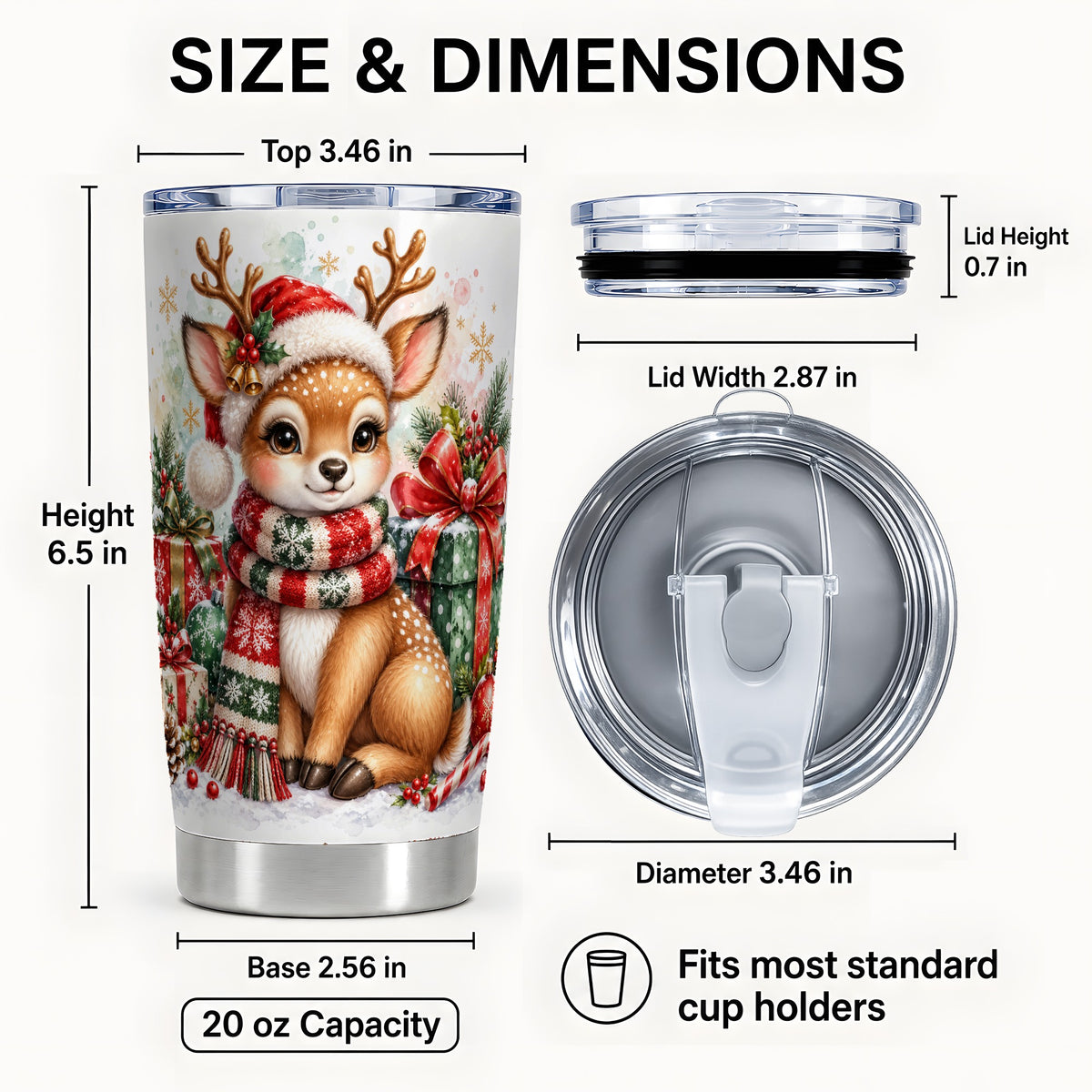 #pl[20oz|Steel] Watercolor Reindeer Tumbler 20oz, Holiday Deer Stainless Steel Travel Cup