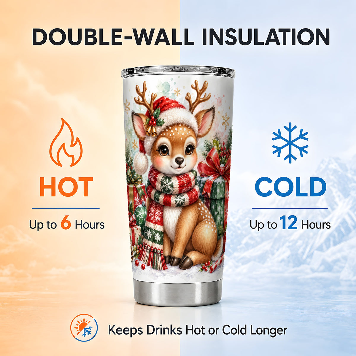 Watercolor Reindeer Tumbler 20oz, Holiday Deer Stainless Steel Travel Cup