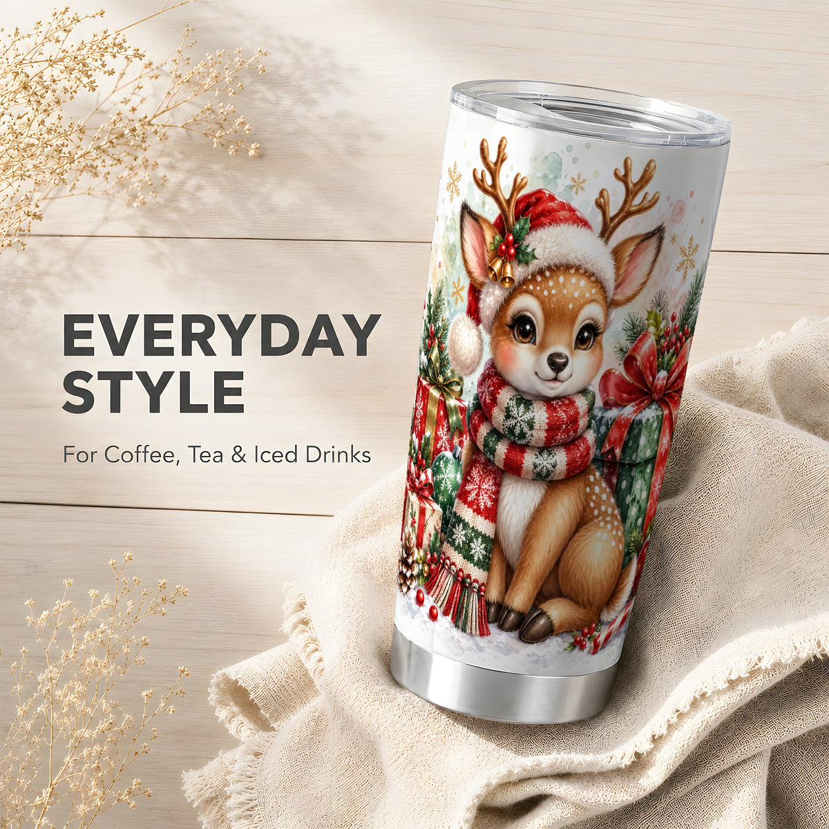 Watercolor Reindeer Tumbler 20oz, Holiday Deer Stainless Steel Travel Cup