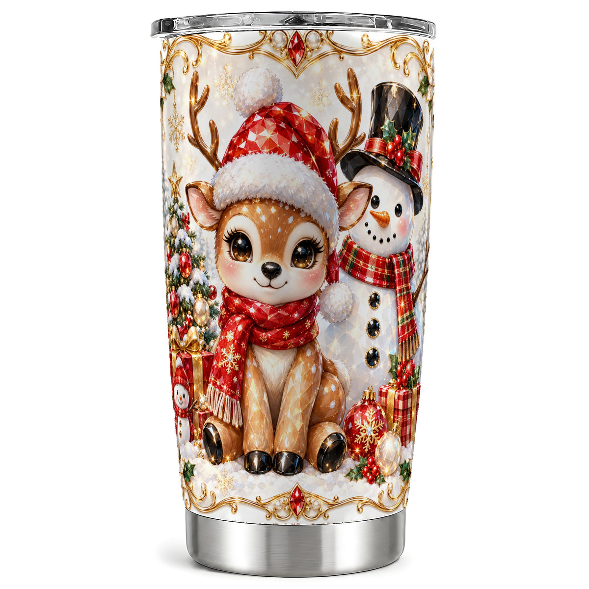 Reindeer Snowman Tumbler 20oz, Holiday Tumbler, Stainless Steel Travel Cup