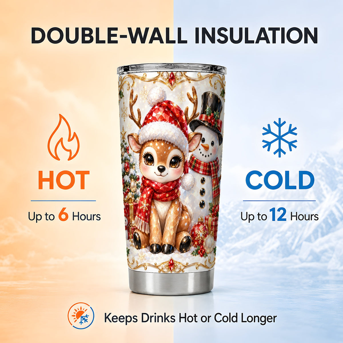 Reindeer Snowman Tumbler 20oz, Holiday Tumbler, Stainless Steel Travel Cup