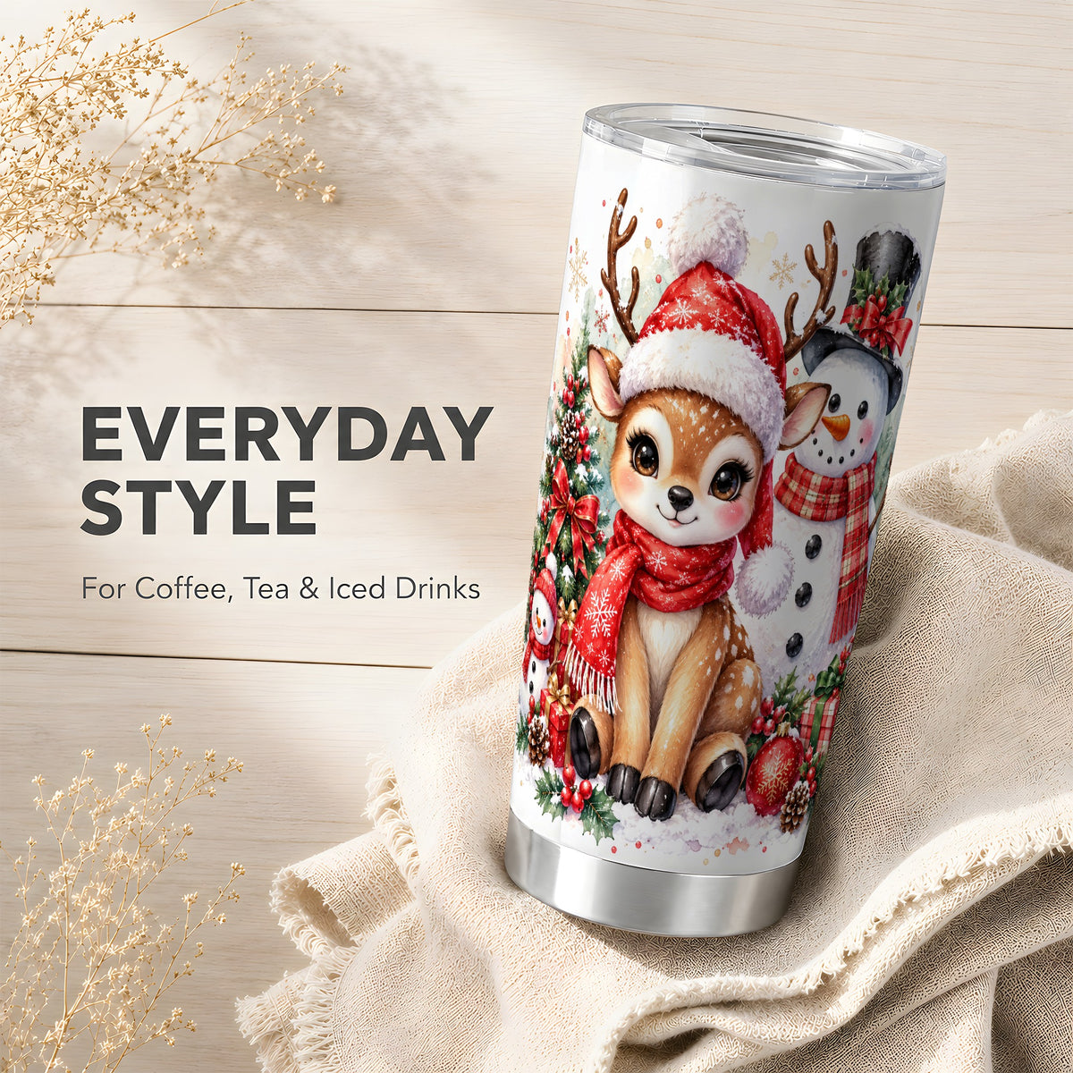 Watercolor Deer Tumbler 20oz, Reindeer Tumbler, Stainless Steel Travel Cup