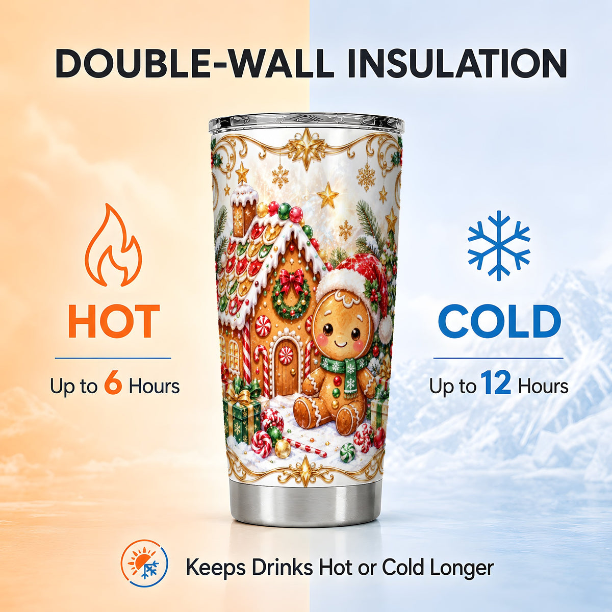 Gingerbread Tumbler 20oz, Cookie House Tumbler, Stainless Steel Travel Cup