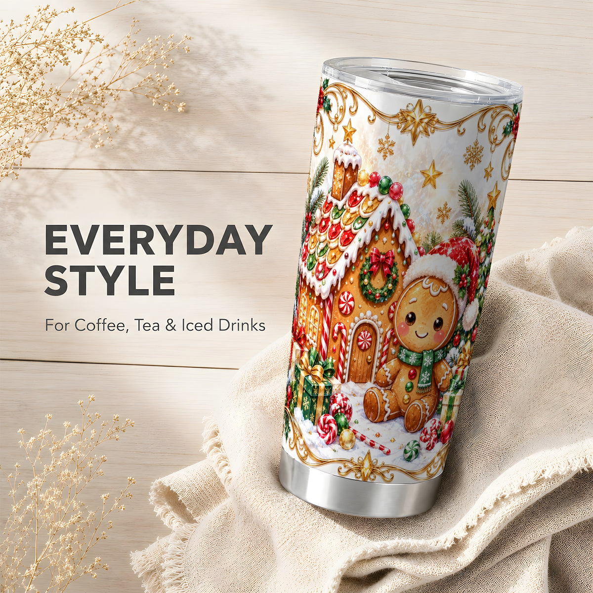 Gingerbread Tumbler 20oz, Cookie House Tumbler, Stainless Steel Travel Cup