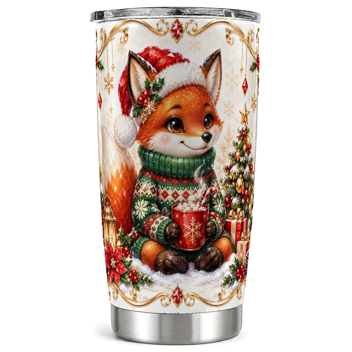Christmas Fox Tumbler 20oz, Holiday Fox Tumbler, Stainless Steel Travel Cup