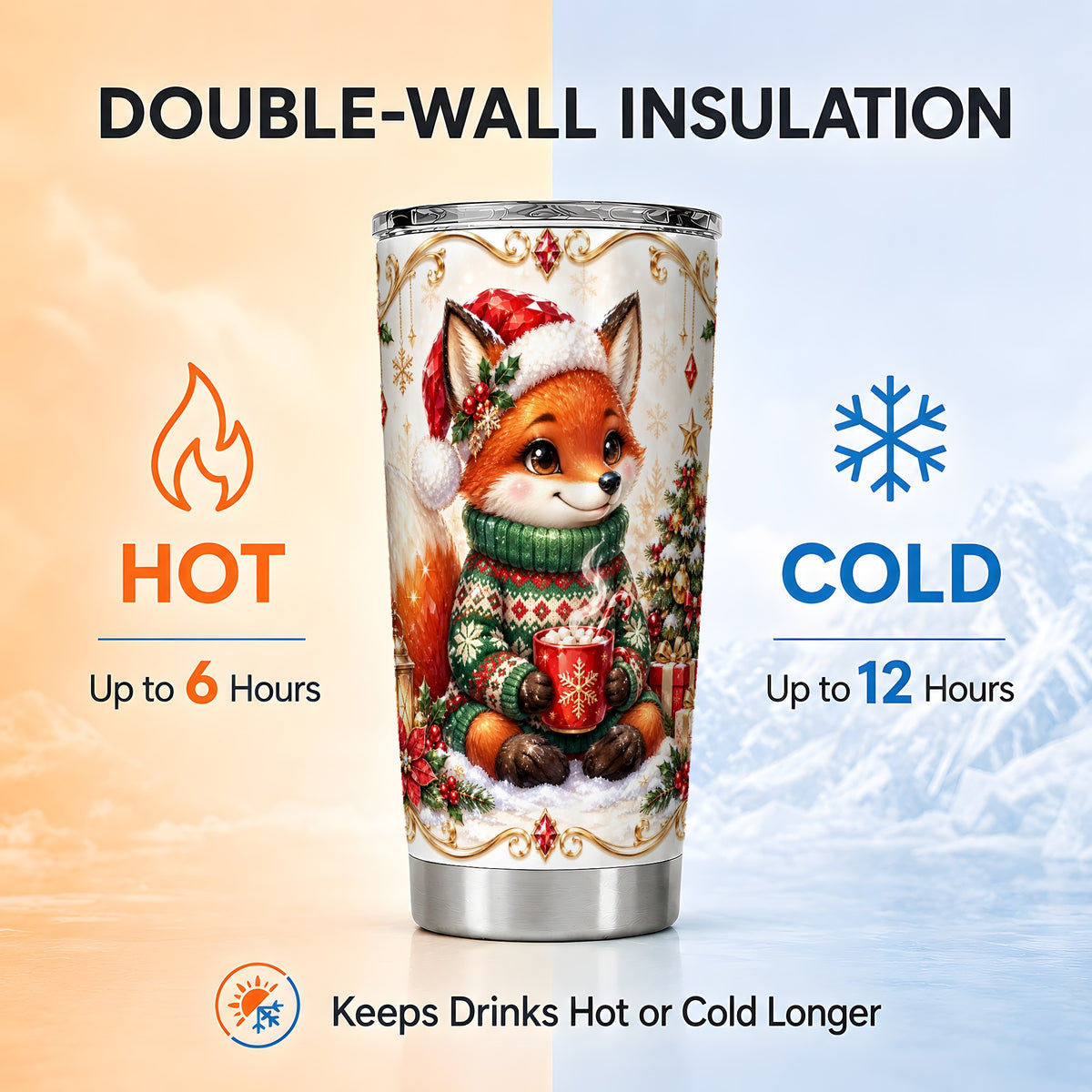 Christmas Fox Tumbler 20oz, Holiday Fox Tumbler, Stainless Steel Travel Cup