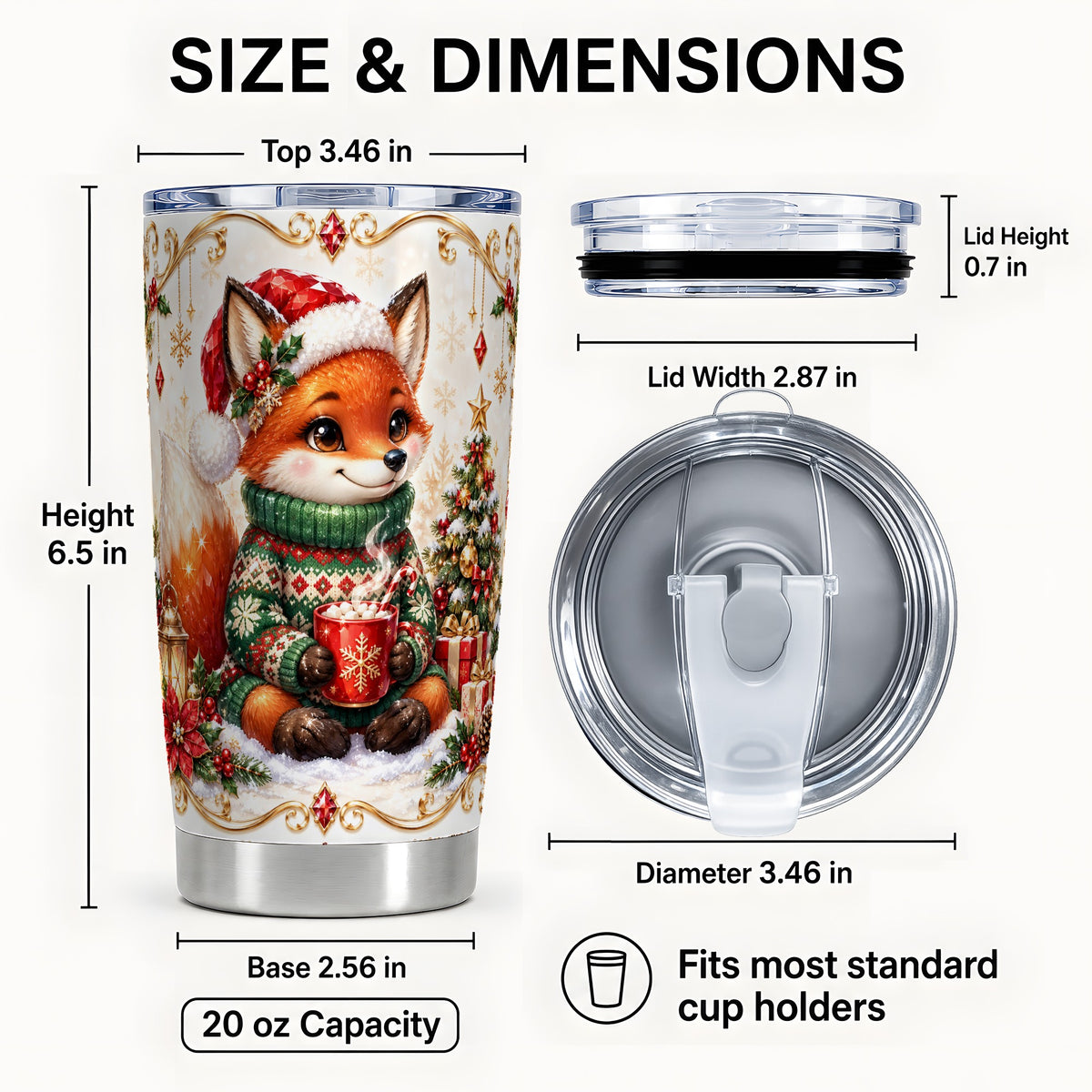 #pl[20oz|Steel] Christmas Fox Tumbler 20oz, Holiday Fox Tumbler, Stainless Steel Travel Cup