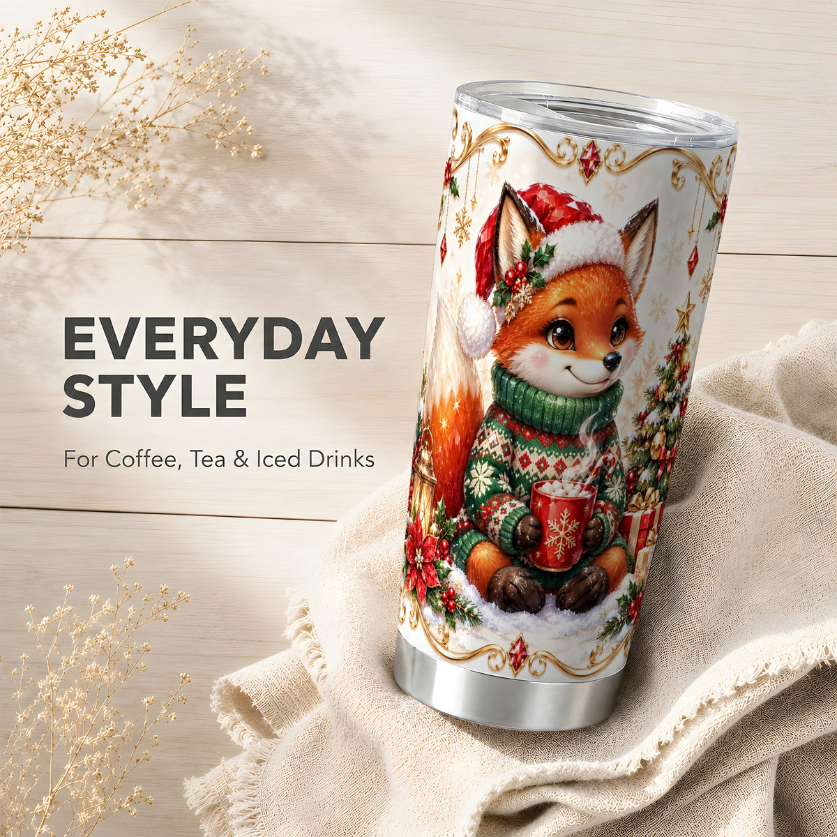 Christmas Fox Tumbler 20oz, Holiday Fox Tumbler, Stainless Steel Travel Cup