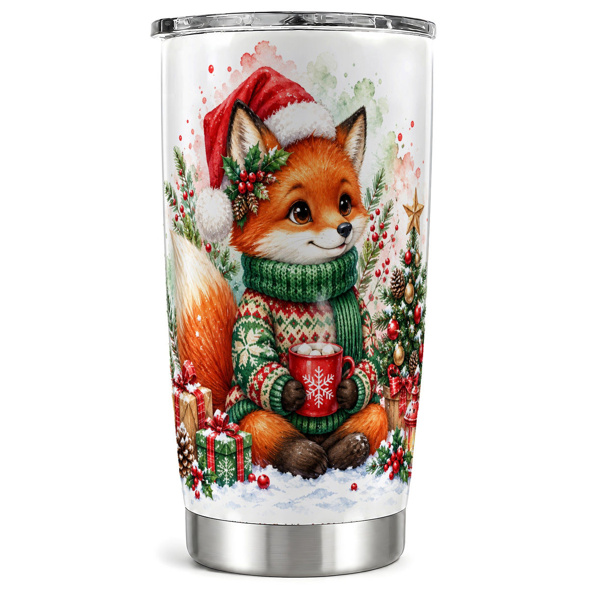 Watercolor Fox Tumbler 20oz, Christmas Tumbler, Stainless Steel Travel Cup