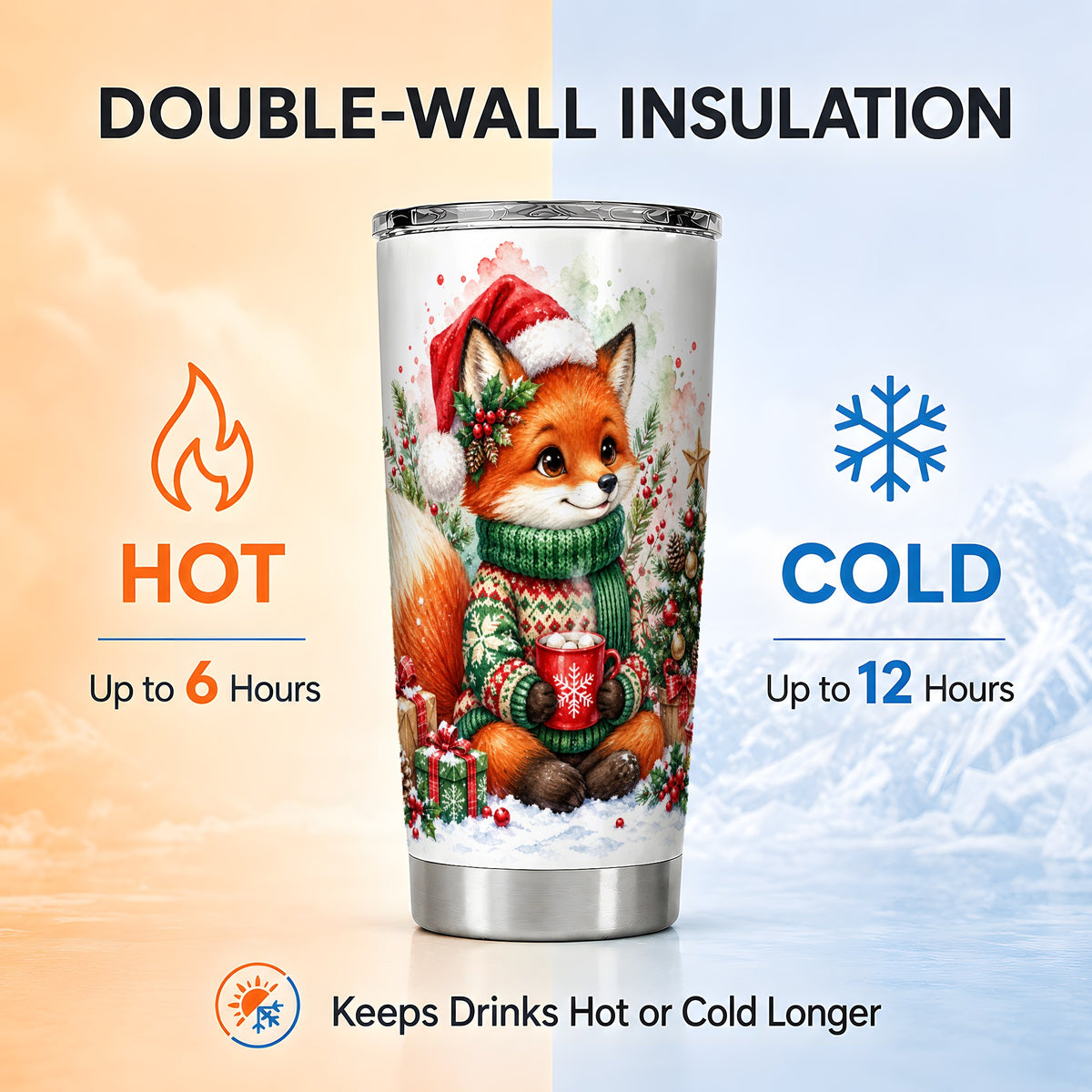 Watercolor Fox Tumbler 20oz, Christmas Tumbler, Stainless Steel Travel Cup