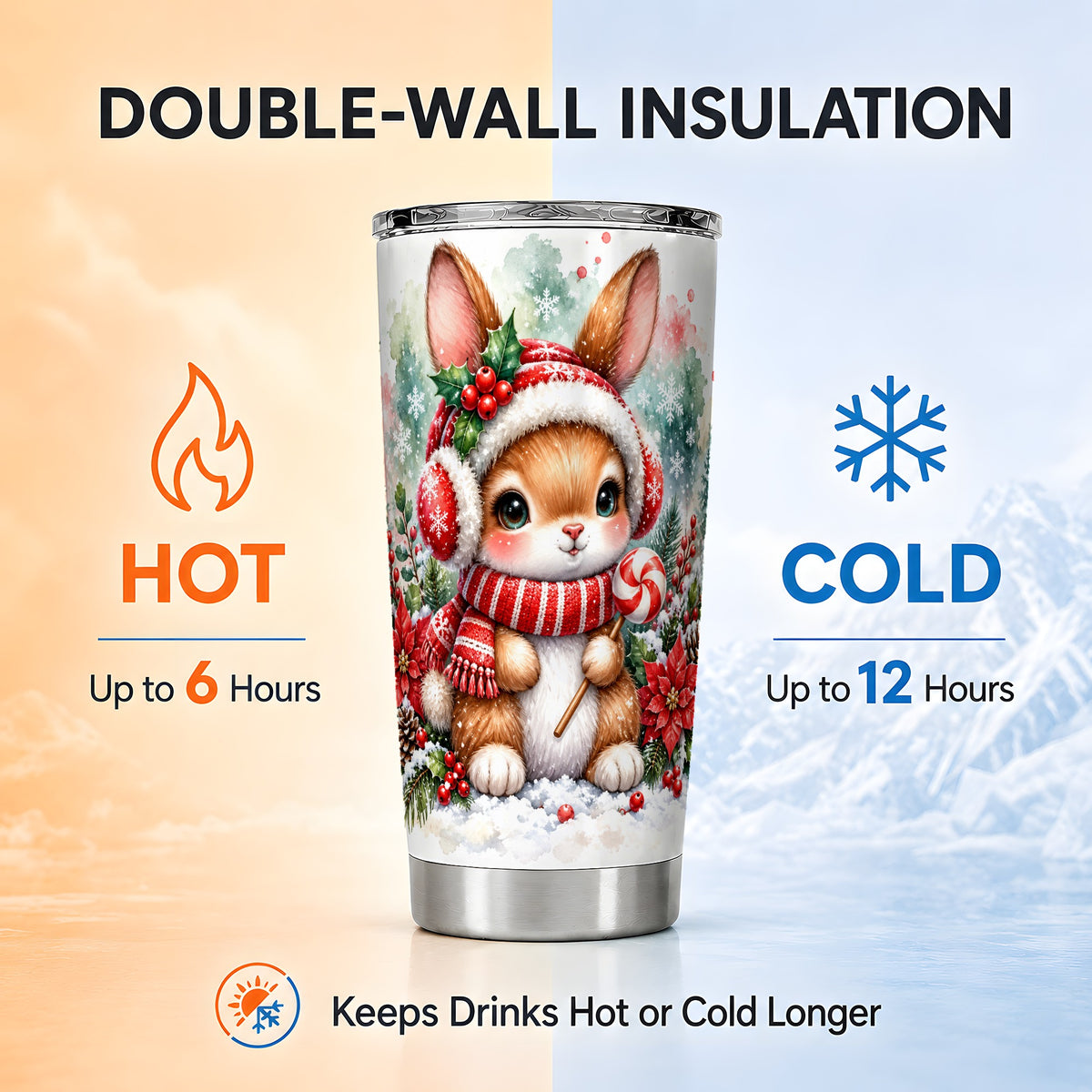 Christmas Bunny Tumbler 20oz, Rabbit Tumbler, Stainless Steel Travel Cup