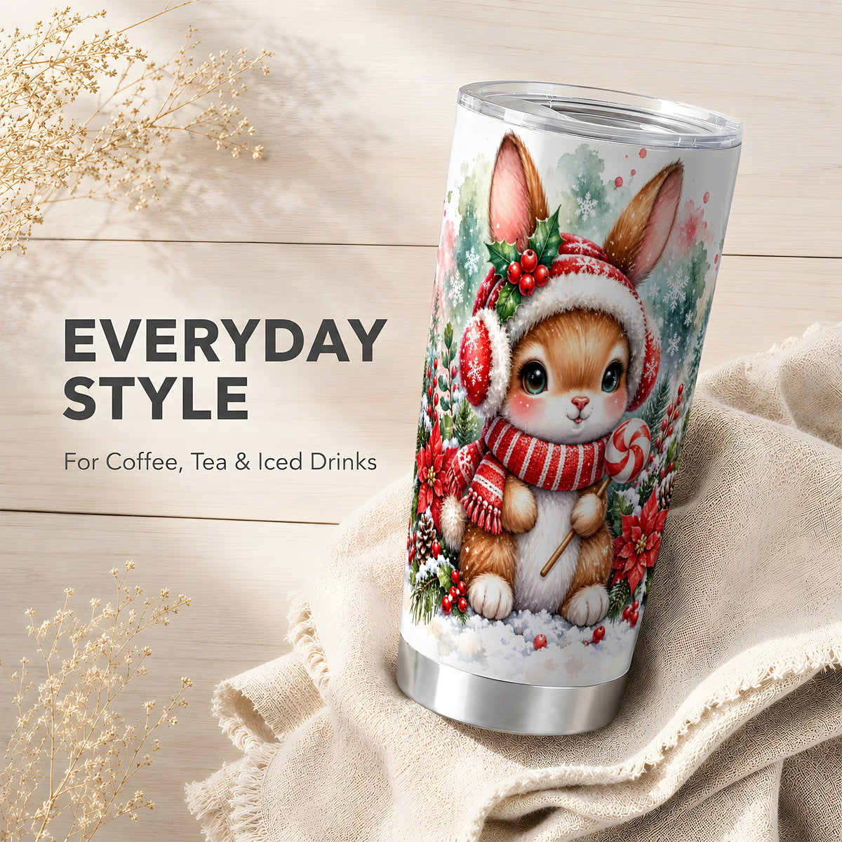 Christmas Bunny Tumbler 20oz, Rabbit Tumbler, Stainless Steel Travel Cup