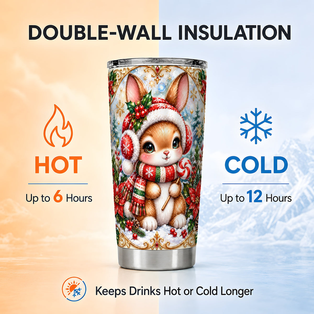 Christmas Bunny Tumbler 20oz, Rabbit Tumbler, Stainless Steel Travel Cup