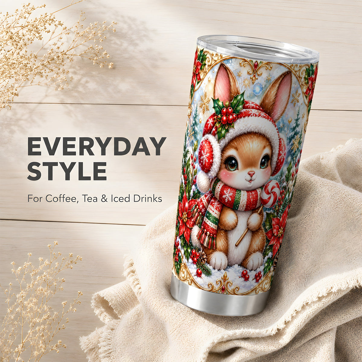 Christmas Bunny Tumbler 20oz, Rabbit Tumbler, Stainless Steel Travel Cup