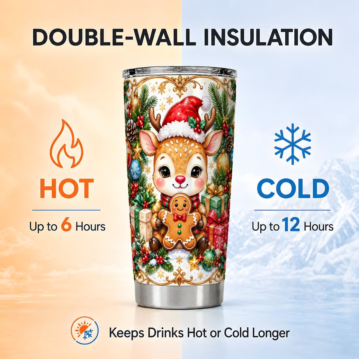Reindeer Tumbler 20oz, Gingerbread Deer Tumbler, Stainless Steel Travel Cup