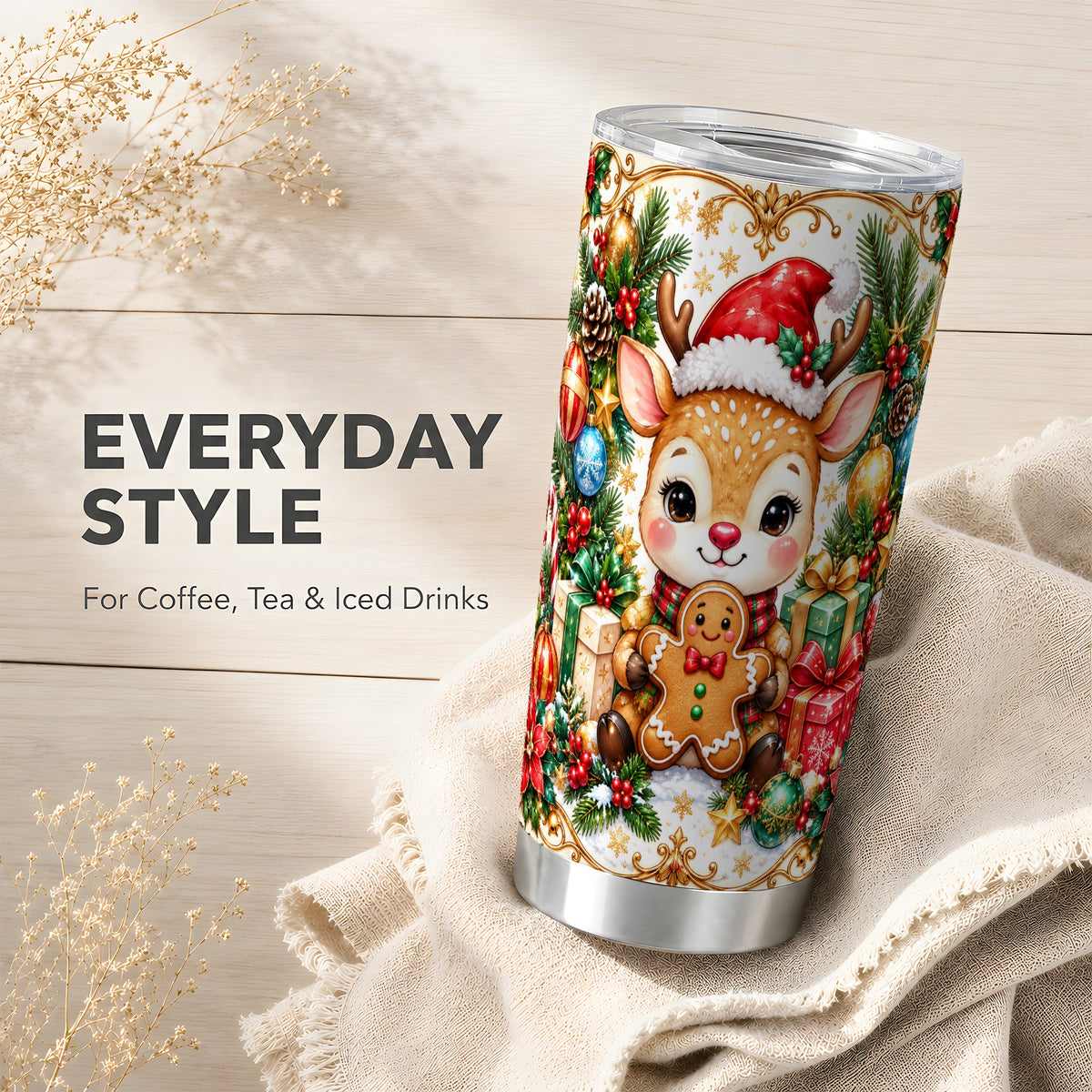 Reindeer Tumbler 20oz, Gingerbread Deer Tumbler, Stainless Steel Travel Cup