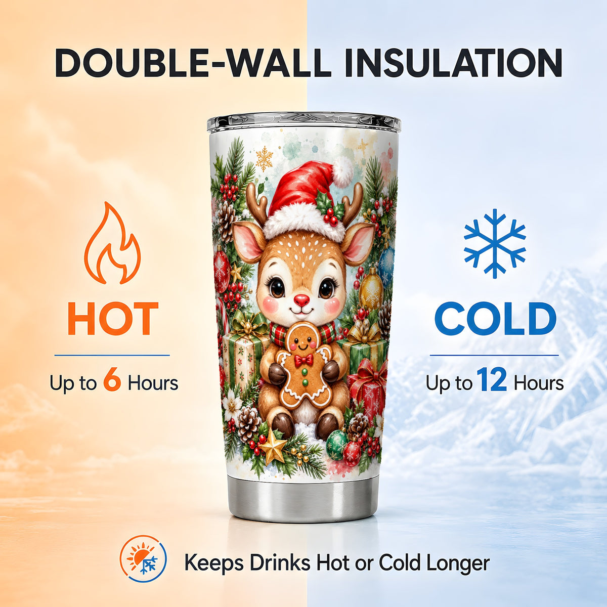 Reindeer Tumbler 20oz, Gingerbread Deer Tumbler, Stainless Steel Travel Cup