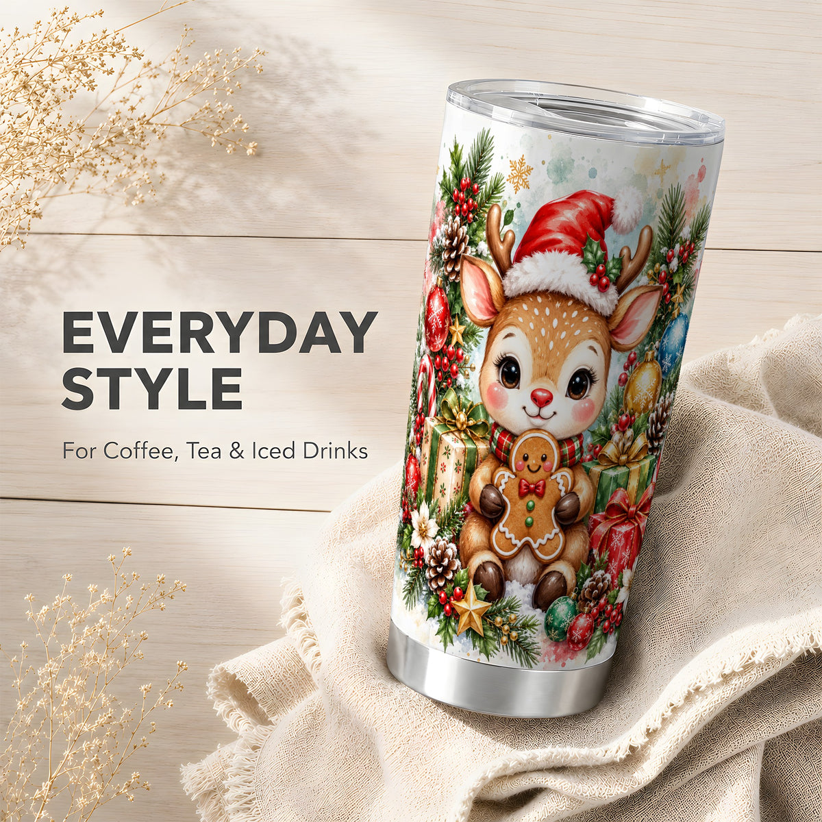Reindeer Tumbler 20oz, Gingerbread Deer Tumbler, Stainless Steel Travel Cup