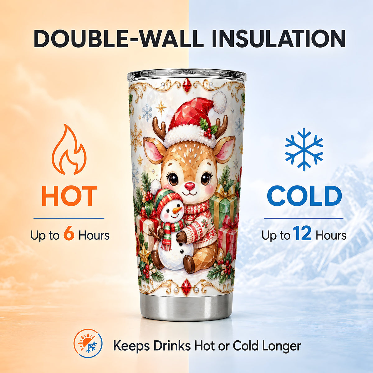 Reindeer Tumbler 20oz, Snowman Tumbler, Stainless Steel Travel Cup