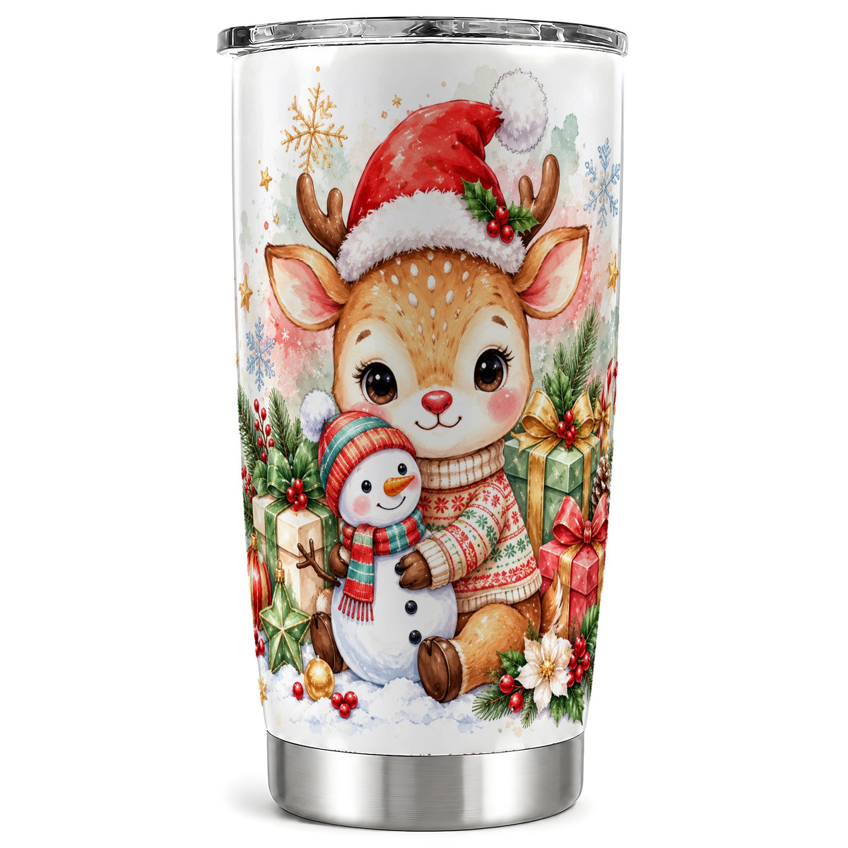 Watercolor Reindeer Tumbler 20oz, Snowman Tumbler, Stainless Travel Cup
