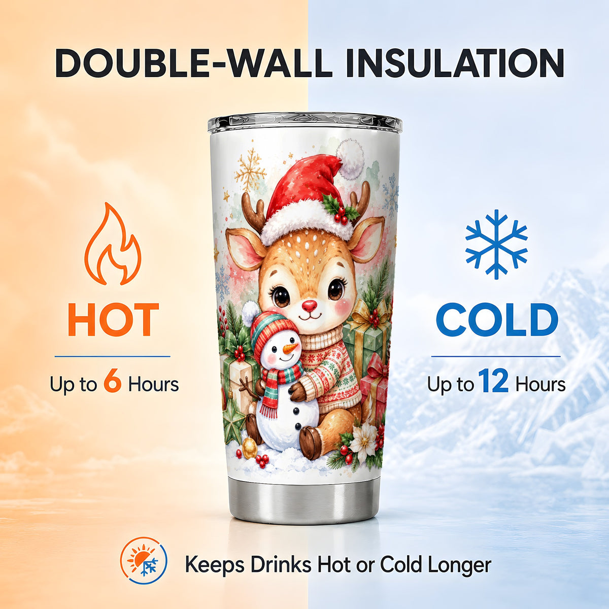 Watercolor Reindeer Tumbler 20oz, Snowman Tumbler, Stainless Travel Cup