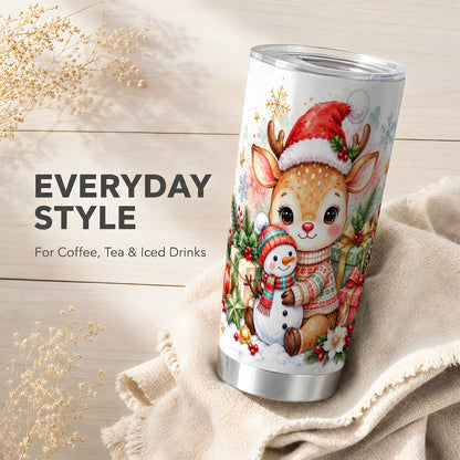 Watercolor Reindeer Tumbler 20oz, Snowman Tumbler, Stainless Travel Cup