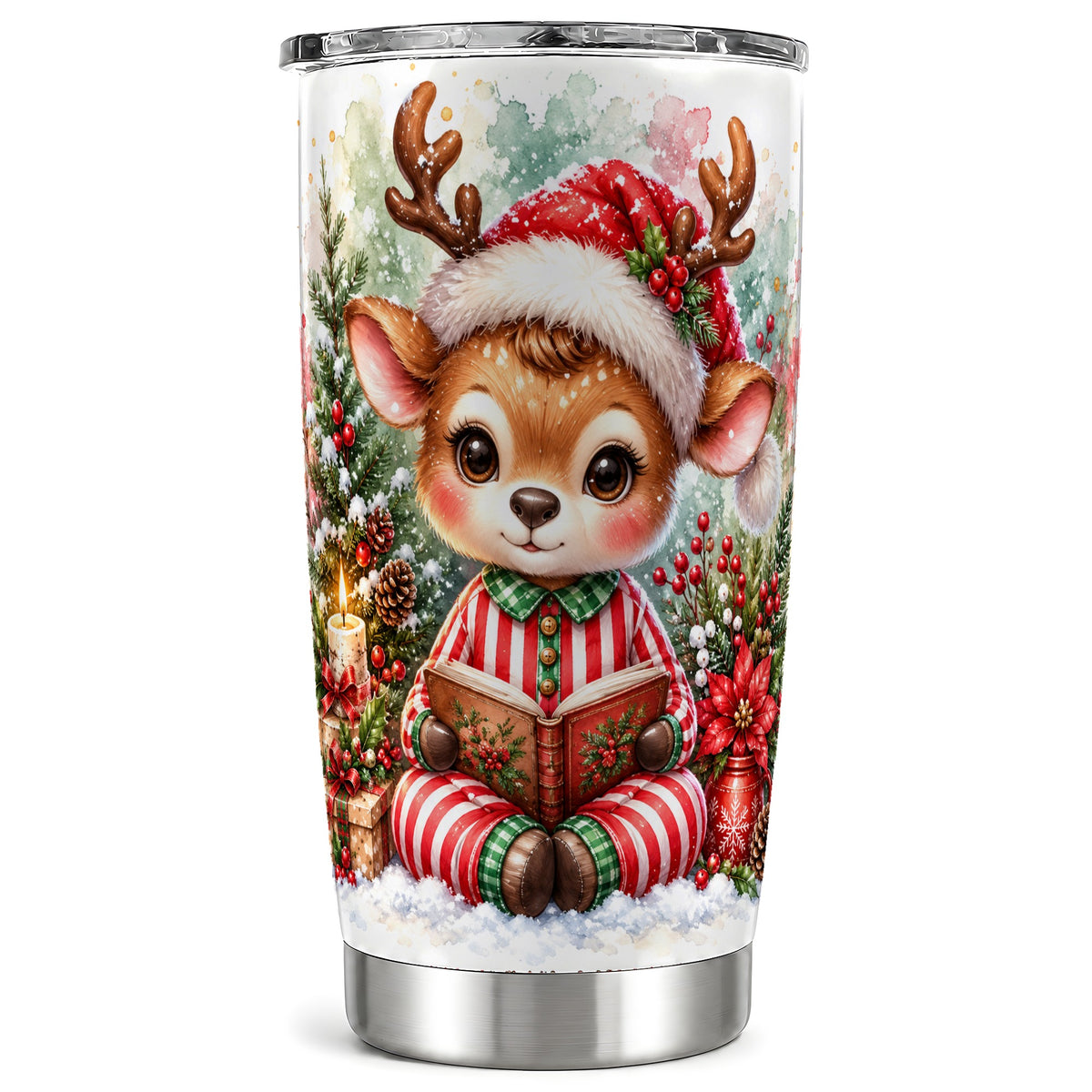 Reading Reindeer Tumbler 20oz, Holiday Tumbler, Stainless Steel Travel Cup
