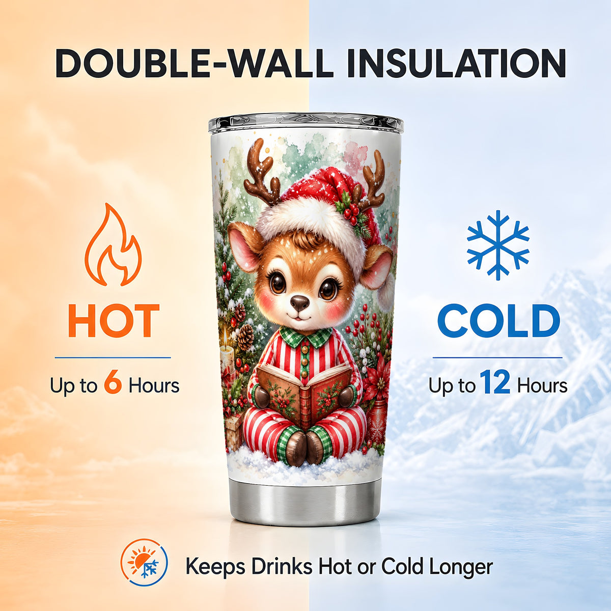 Reading Reindeer Tumbler 20oz, Holiday Tumbler, Stainless Steel Travel Cup