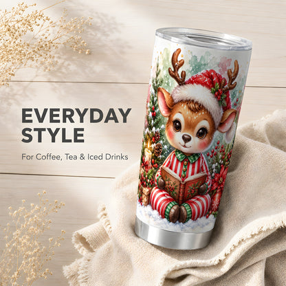 Reading Reindeer Tumbler 20oz, Holiday Tumbler, Stainless Steel Travel Cup