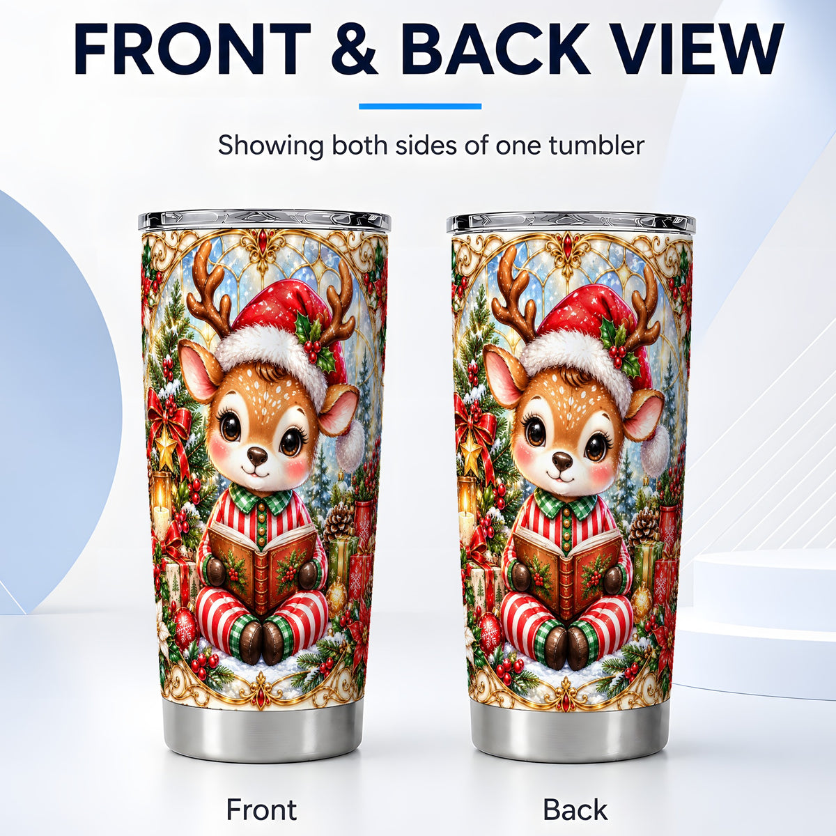 #pl[20oz|Steel] Ornate Reindeer Tumbler 20oz, Reading Tumbler, Stainless Steel Travel Cup