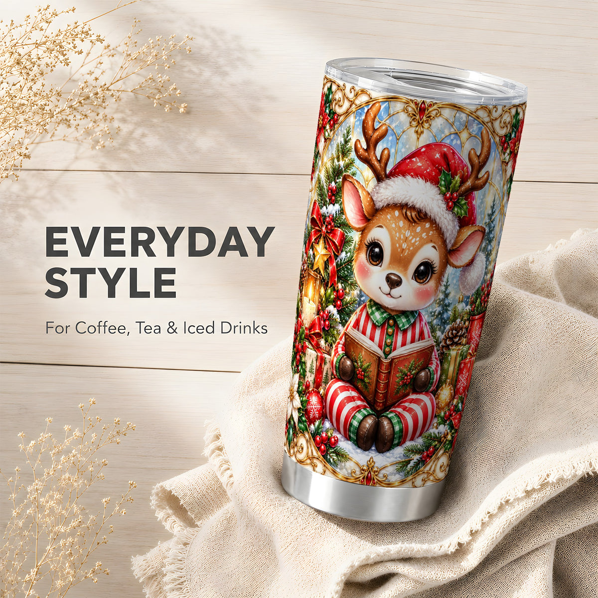 Ornate Reindeer Tumbler 20oz, Reading Tumbler, Stainless Steel Travel Cup